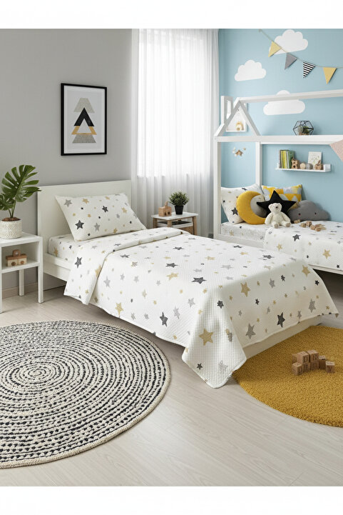 Evmila Yıldız Desenli Bebek Ve Çocuk Baskılı Tek Kişilik Pike Takımı 160x230 Beyaz