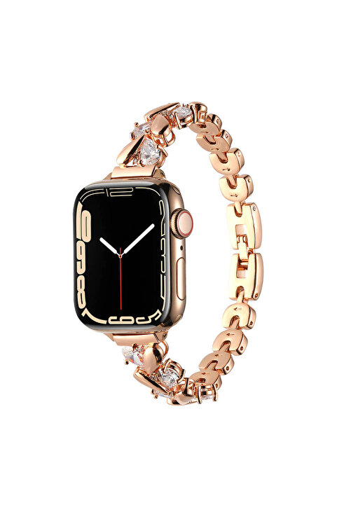 UnDePlus Watch 7/8/9 45mm Kordon Taşlı İnce Metal Kordon 103 Uyumlu Rose Gold