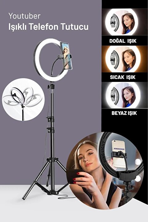 Miomi Tripot Profesyonel 5500k Ledli Youtuber Fotoğraf Video Çekimi Telefon Tutucu Tripot