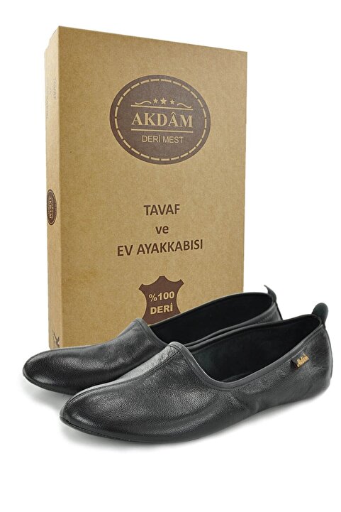 Akdam %100 Deri Hac Umre Tavaf Patiği ve Ev Ayakkabısı Siyah
