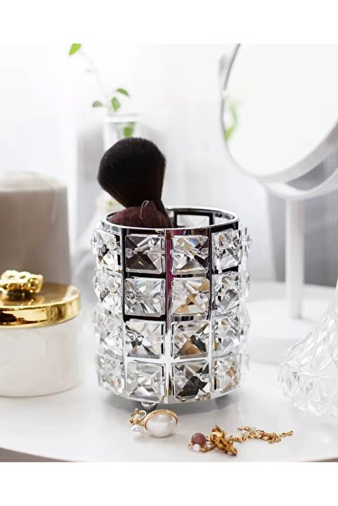 sahane & bazaar Kristal taşlı metal mumluk şamdan ve makyaj kozmetik ürün düzenleyici