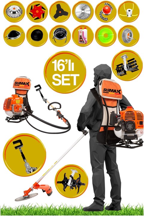 stilmax Lüx 16 Parça Turbo Benzinli Sırt Tırpan Ot Çim Çalı Biçme Makinası + Zeytin Silkeleme Aparatlı Set