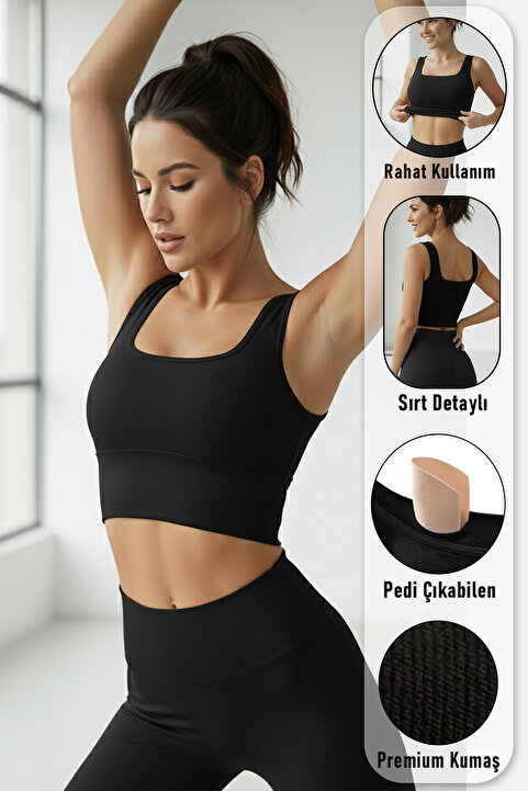 SHİBA Kadın Pamuklu Siyah Kalın Askılı Crop Pedli Spor Sütyeni Yarım Atlet Büstiyer