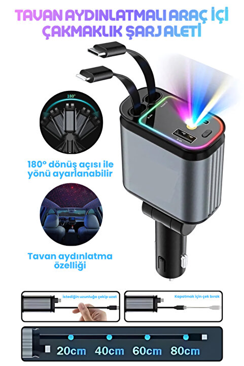 Enshall 66W PRO cw1 Led Işık Tavan Aydınlatmalı 4IN1 Çift Kablolu Hızlı Şarj 3.4A Araç İçi Çakmaklık Şarj Aleti