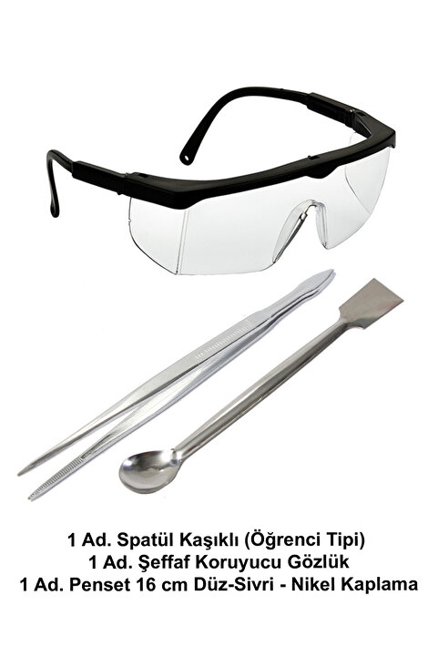 ATEL-SAN Laboratuvar Öğrenci Seti - B / Spatül Öğrenci Tipi + Koruyucu Gözlük + Penset 16 Cm Düz-Sivri Uçlu