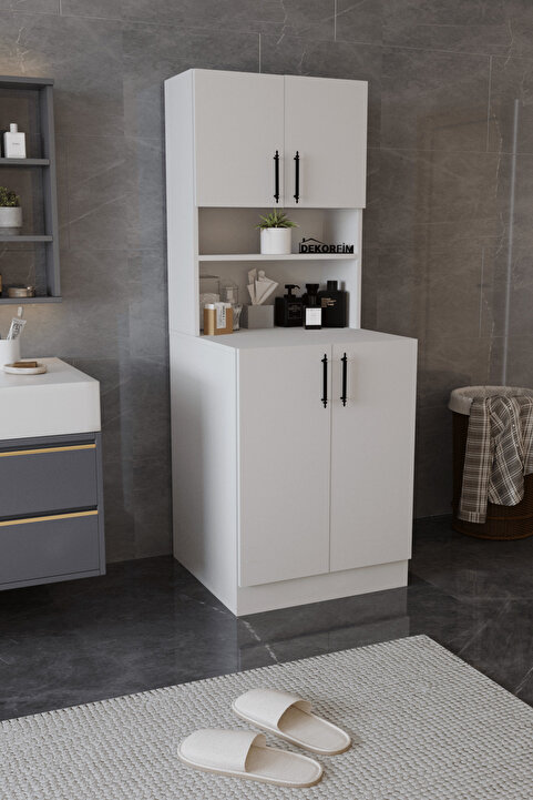 dekor fim DF03101B Çamaşır Makinesi Dolabı Üstü Çok Amaçlı 4 Kapaklı 4 Raflı Banyo Dolabı Depolama Alanı Beyaz