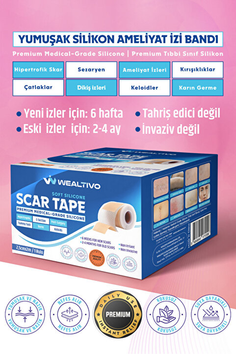 Wealtivo Kolajen Etkili Silikon Bant 2 m – Kırışıklık, Skar, Keloid ve Yara İzi İçin %93+ Etki