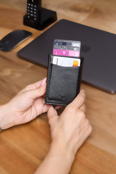 V LEATHER ATELİER Premium Otomatik Mekanizmalı Deri Cüzdan RFID Korumalı Özel Kutulu Gönderim Siyah