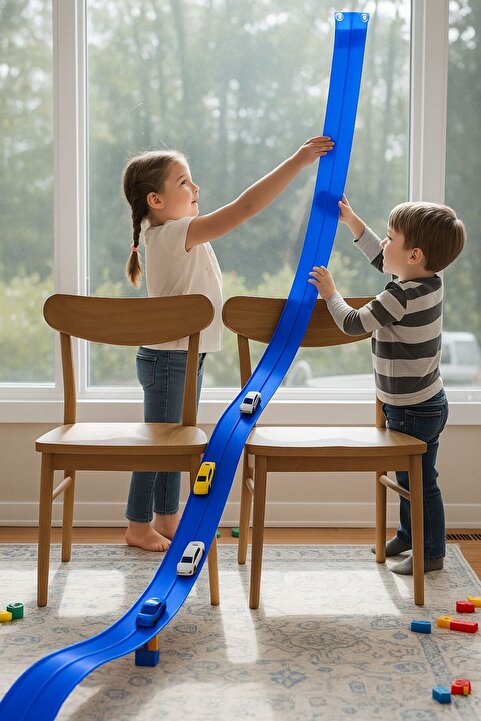 Flex Track FlexTrack Yarış Pisti Flexible Race Track 4.5 Metre 1:64 Ölçek Arabalara Uyumlu Mavi