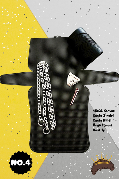 thekam Mykonos - Kanvas Siyah No.4 Çanta Yapım Kiti – Kanvas Çanta Seti (ZİNCİR, POLYESTER, MAKROME NO.4)