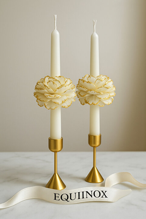 EQUINOX MUM Equinox (2’li) Gold Şakayık Detaylı Beyaz Şamdan Mum - Lotus Mumluk Hediyesiyle