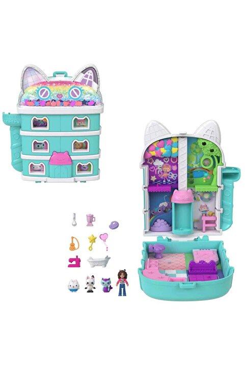 Polly Pocket Gabby's Dollhouse mikro bebekler ve mini oyun seti, 9 aksesuar JFV02