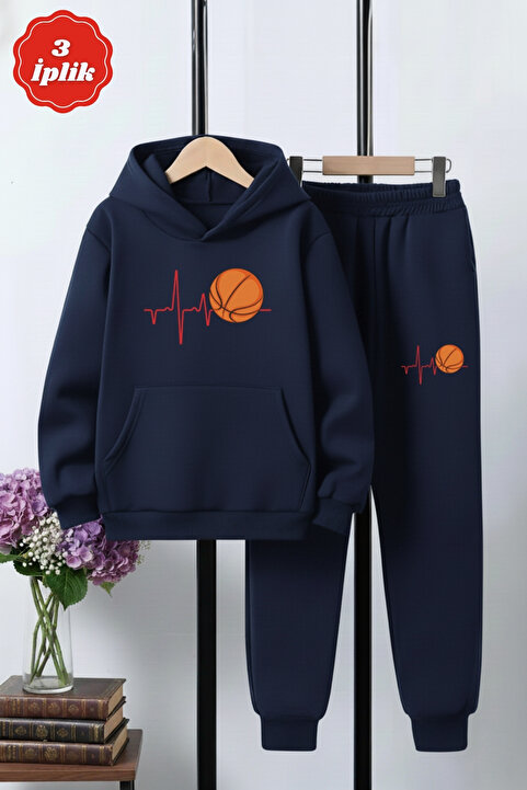 panios kids 3 İplik Kışlık Şardonlu Nabız Basketbol Baskı Detaylı Erkek Çocuk Eşofman Takımı