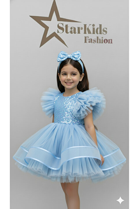 Star Kids Kız Çoçuk Mavi Payetli Tütü Elbise, Kız Çocuk Parti Elbisesi