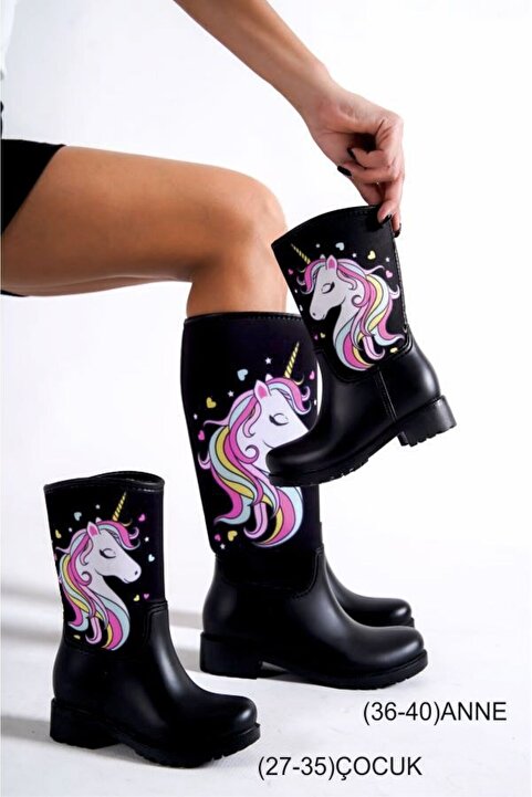Sea&Blue Anne Kız Kombin Pony Baskılı Peluşlu Su Geçirmeyen Yağmur Çizmesi