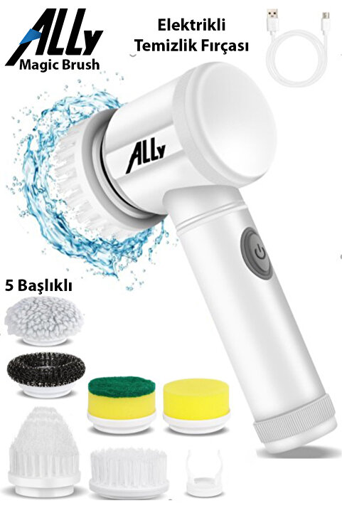 Genel Markalar Magic Brush 5in1 Fırça Başlıklı Şarjlı Temizleme Fırçası Banyo/Fayans/Zemin Temizleyici BEYAZ