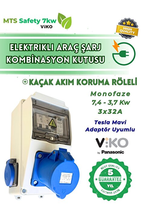 MTSevcharger 7.4 Tesla Blue Mavi Adaptör Uyumlu Taşınabilir Elektrikli Araç Şarj Cihazı Kombinasyon Kutusu V‘KO