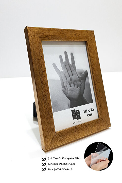 Batu Art Home Fotoğraf Çerçevesi Korumalı Kırılmaz Pleksi Camlı Masaüstü Ayaklı ve Asılabilir 10x15 Cm Mat Altın