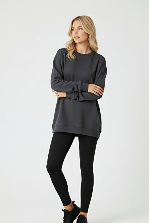 KOZİA OUTDOORS Baskısız Basic Oversize Bisiklet Yaka Şardonlu Unisex Rahat Kalıp Sweatshirt