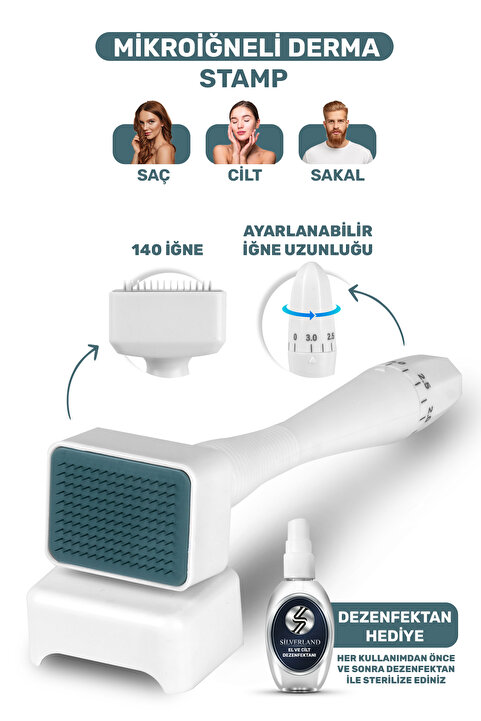 SİLVERLAND DermaStamp 140 Titanyum İğneli , Ayarlanabilir 10 İğne Ölçülü 0.25mm-3.00mm Dezenfektan Hediyeli