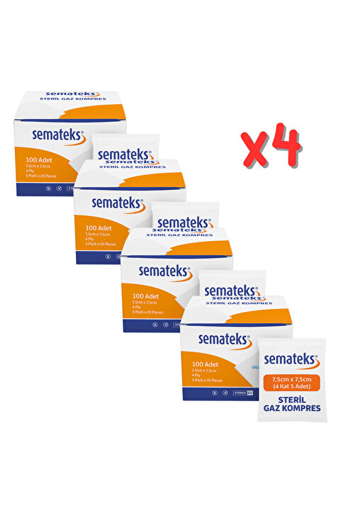 SEMATEKS Steril Pamuklu Dokuma Gaz Kompres Spanç | 7,5cm x 7,5cm | 4 Katlı | 100'lü (5'li Zarf x 20) 4 Kutu
