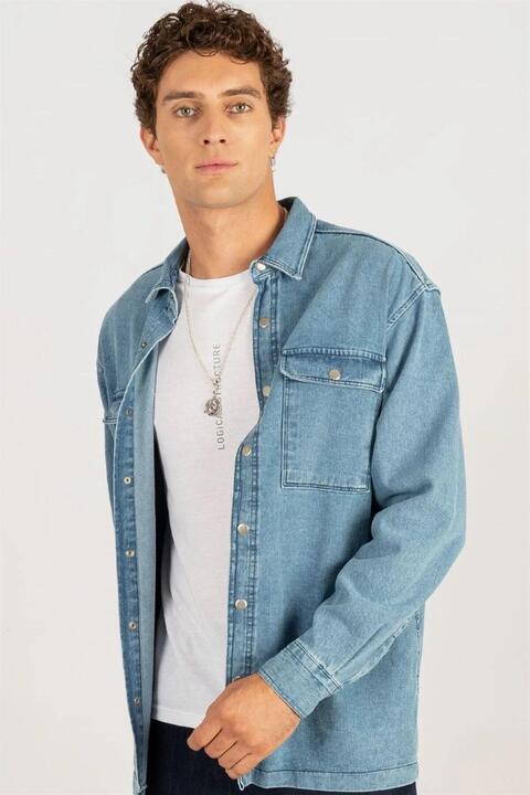 Tudors Unisex Oversize Geniş Kesim Denim Kot Çift Cepli Mavi Overshirt Ceket Tarzı Gömlek