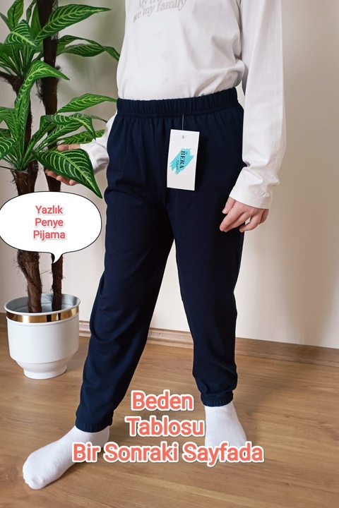 VİP BERA TEKSTİL Çocuk Lacivert Yazlık Pamuklu Paçası Lastikli Penye Pijama Altı