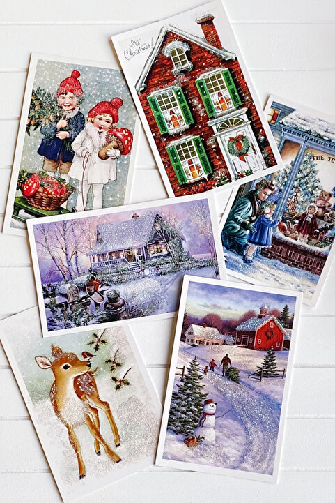Bimotif 6lı Simli Kartpostal Seti, Yılbaşı, Kırmızı Ev