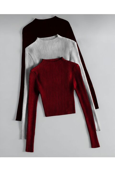 Paraf style Kadın Triko 3lü Uzun Kollu Crop Kazak Şık ve Rahat Tasarım