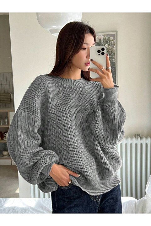 Dier Moda Kadın Selanik Örgü Gri Oversize Kazak, Kadın kazak