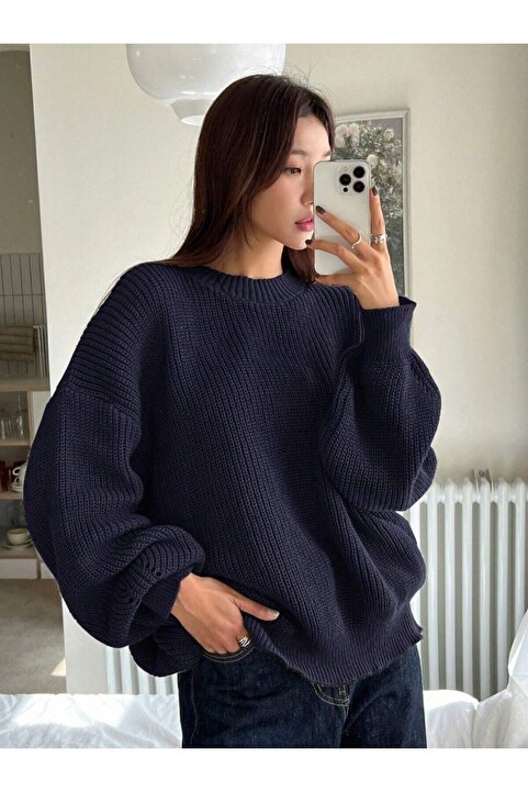Dier Moda Kadın Selanik Örgü Lacivert Oversize Kazak, Kadın kazak