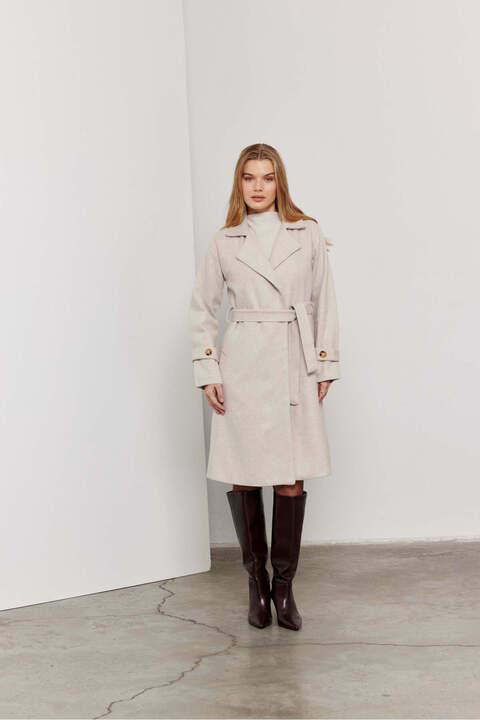 SevdeUgur Kadın Krem Kuşaklı Kaşe Kaban / Collection