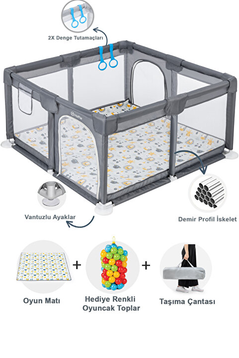 Hoffie Original Playard Plus Güvenli Bebek Ve Çocuk Oyun Alanı Oyun Parkı 120x120 Oyun Matı Ve Topları,gri