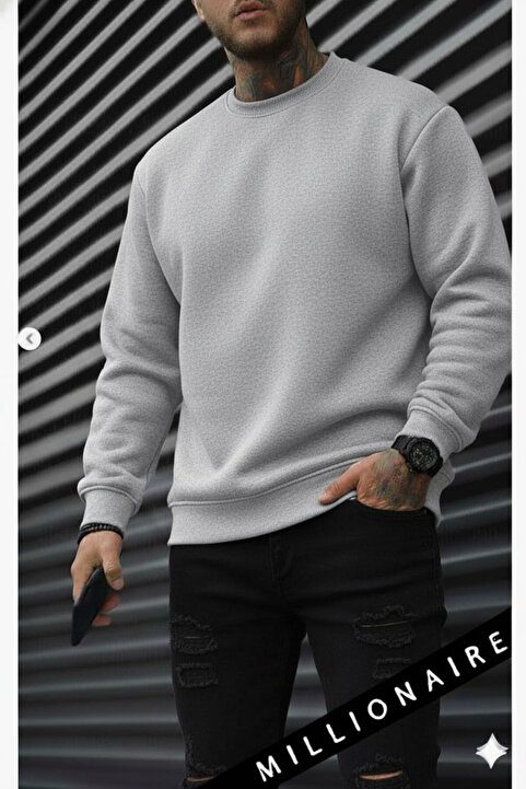 Millionaire Erkek Düz Gri Basic Baskısız Sıfır Bisiklet Yaka Oversize Salaş Sweatshirt Sweat
