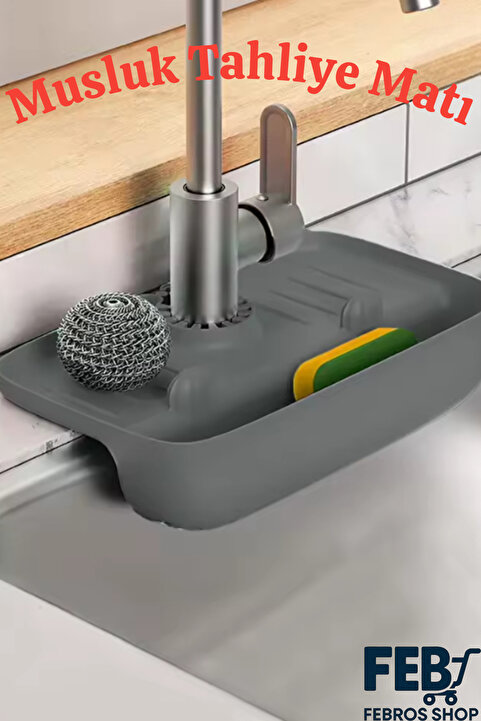 Febros Gri Elastik Musluk Matı Su Tutucu Düzenleyici Kaydırmaz Taban Organizer Mutfak Banyo Lavabo