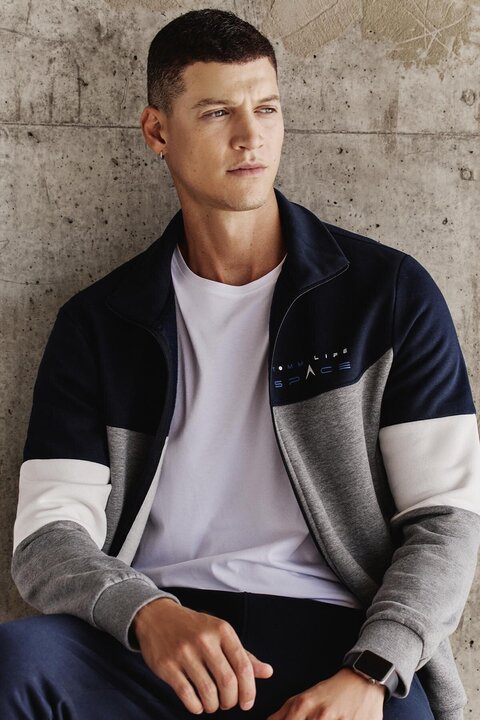 TOMMY LIFE Gri Melanj - Lacivert Dik Yaka Renk Geçişli İçi Polarlı Erkek Eşofman Takımı - 85186