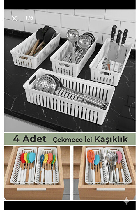 Fast Story 4 Lü Beyaz Kaşıklık Seti Mutfak Düzenleyici Çekmece Ve Dolap Içi Organizer Bıçaklık Kepçelik