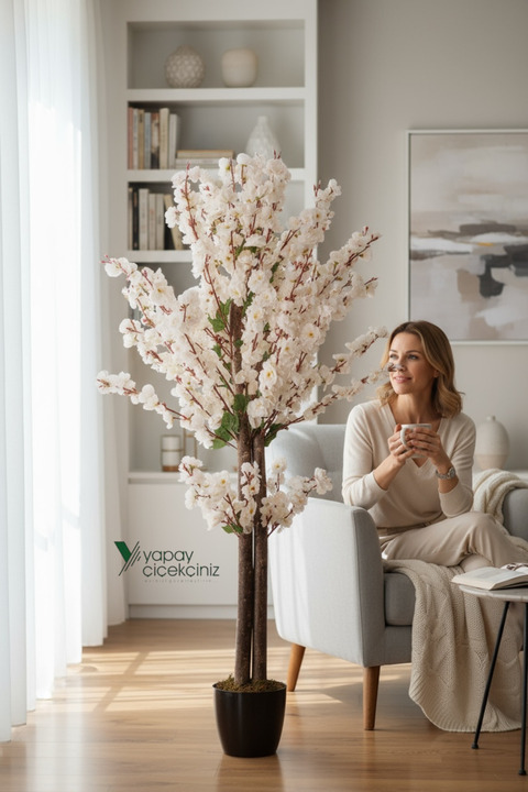 YAPAY ÇİÇEKÇİNİZ 120 Cm Beyaz Bahardalı Ağacı