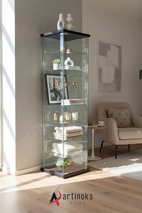 artinoks 7 Raflı Sade Cam Vitrin Siyah Kitaplık Büfe - Camlı Koleksiyon Dolabı - Camlı Eczane Vitrini