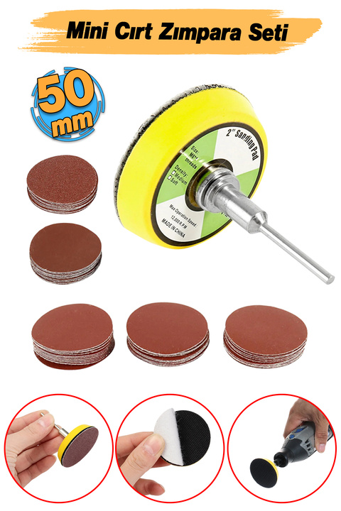Badem10 Pimli Mini 53'lü Cırt Zımpara Seti 50 mm Taban Matkap Uyumlu 80 120 320 600 800 Kum Karışık Grit