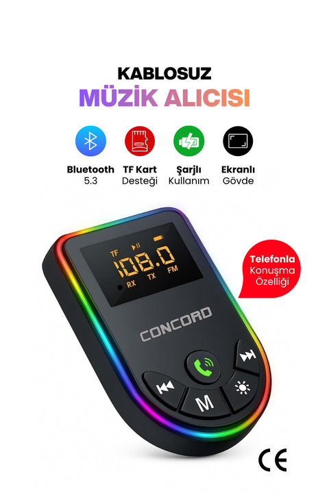 Concord 2'si 1 Arada Bluetooth 5.3 Ses Adaptörü, Ses Alıcısı / Vericili, Renkli Işığa Sahip Mp3 Çalar