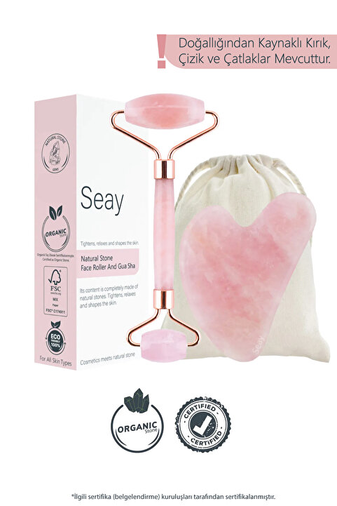 Seay Pembe Kuvars Roller Ve Pembe Kalp Gua Sha Yüz Masaj Aleti Seti Keseli Değerli Doğal Taş Sertifikalı