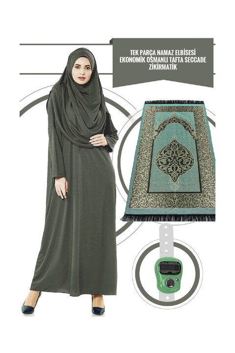 ihvan online Tek Parça Namaz Elbisesi - Haki - 5015 & Seccade & Zikirmatik - Üçlü Takım