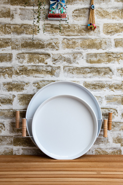 kitchen trend 2'li Ahşap Kulplu 37 Cm Beyaz Ve 30 Cm Beyaz Tepsi Çay Kahve Sunum Tepsisi