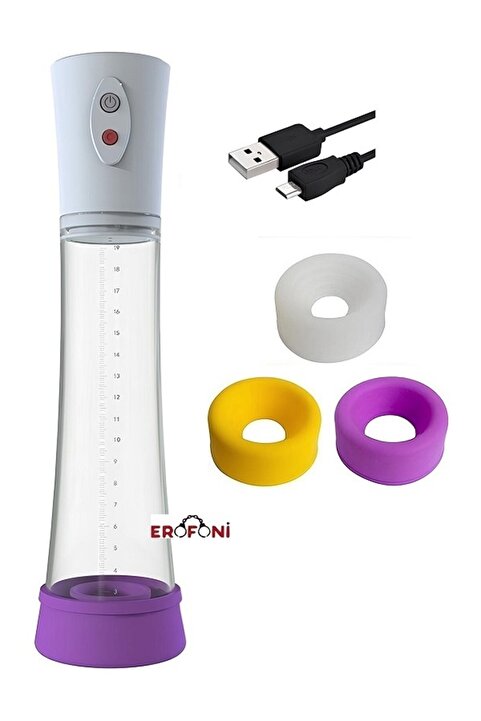 Erofoni Usb Şarjlı 20 cm Kaliteli Erofoni Otomatik Vakumlu Penis Pompası + 3 Pompa Giriş Başlığı
