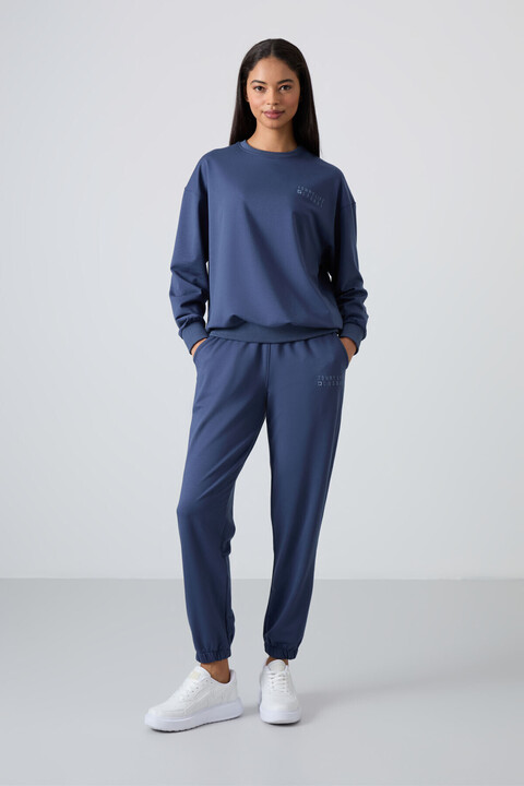 TOMMY LIFE Petrol Basic Pamuklu O Yaka Oversize Lastik Paça Kadın Eşofman Takım - 95287