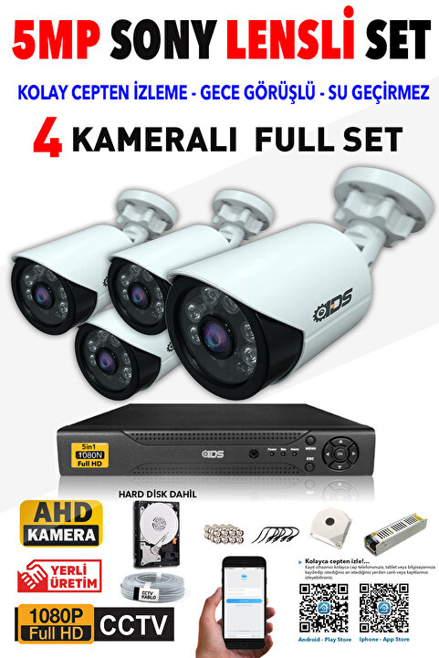 IDS 4 KAMERALI FULLHD 5MP LENSLİ GECE GÖRÜŞLÜ 9 LED GÜVENLİK KAMERASI SETİ - 2016-SET4-320