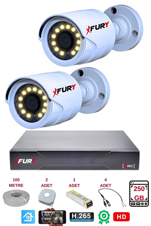 FURY 2 Li Gece Renkli Görüş Güvenlik Kamerası Full Hd-Su Geçirmez Güvenlik Kamerası Seti 250GB