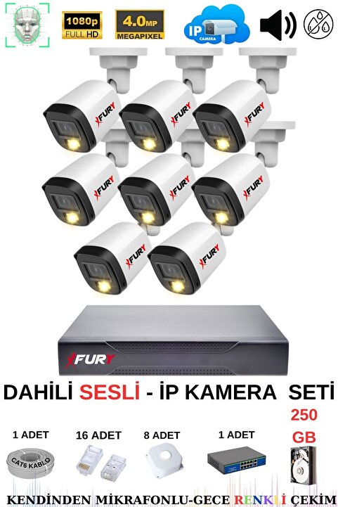 FURY Ip Güvenlik Kamera Seti 8 Kameralı Sesli 4mp Gece Renkli Su Geçirmez Ip5515s 250gb