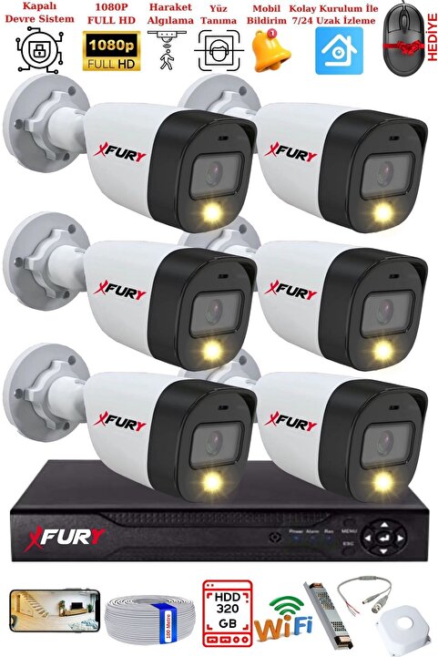 FURY 6 Kameralı 5Mp Lens 2 Mp Görüntü Gece Renkli Full Hd Ultra Led Akıllı Güvenlik Kamerası Seti 32